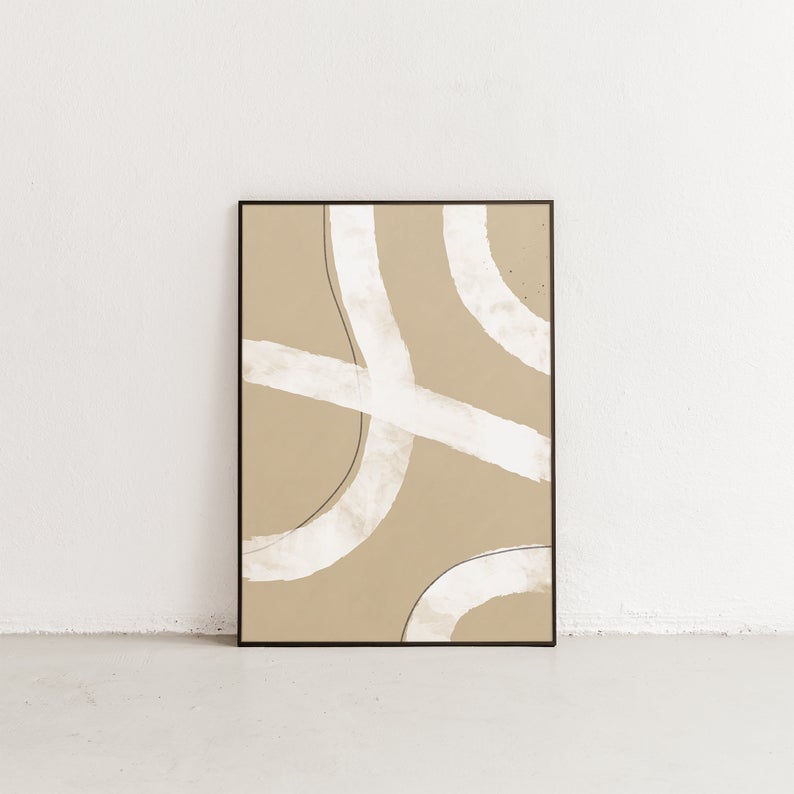 Abstract Beige Mid-Century Modern Wall Art White Line Art