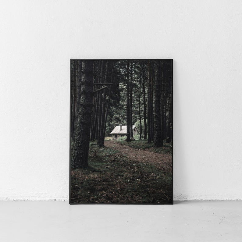 Moody Woodland Art Printable Cottage in a Forest